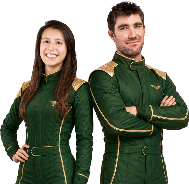 Airspeeder Team Australia pilots in green and gold race suits.